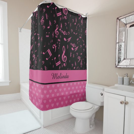 Rideaux De Douche Notes musicales personnalisées et Coeurs Motif ros (En situation)