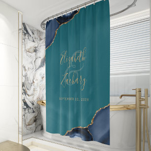 Rideaux De Douche Nuit de noces personnalisée bleu sarcelle or agate