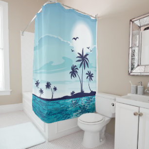 Rideaux De Douche Nuit de Plage avec Lune Oiseaux Palmier Mer Nuage