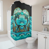Rideaux De Douche Ocean Beach House Blue Dolphin Faux Verre Tiré (En situation)