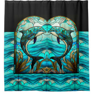 Rideaux De Douche Ocean Beach House Blue Dolphin Faux Verre Tiré