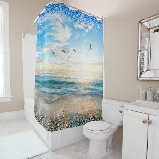 Rideaux De Douche Ocean Beach Sunrise Birds Parties scintillant sola (En situation)