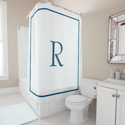 Rideaux De Douche Océan Bleu Blanc Monogramme initial Nom personnali (En situation)