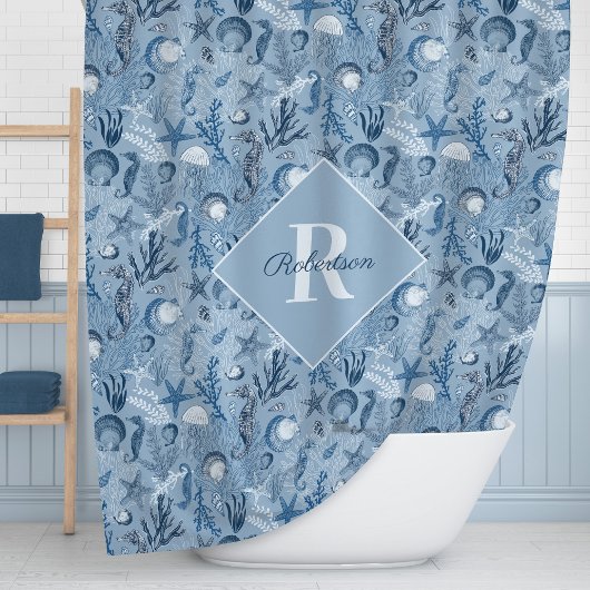 Rideaux De Douche Océan bleu Vie marine Monogramme Côté