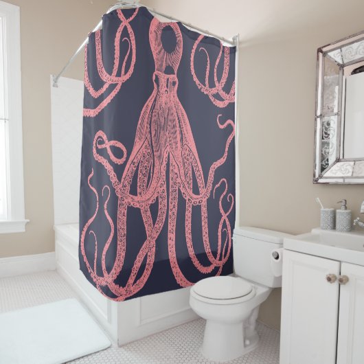 Rideaux De Douche Octopus antique rose sur bleu (En situation)