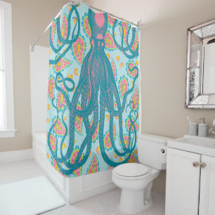 Rideaux De Douche Octopus antique sur Blue Paisley