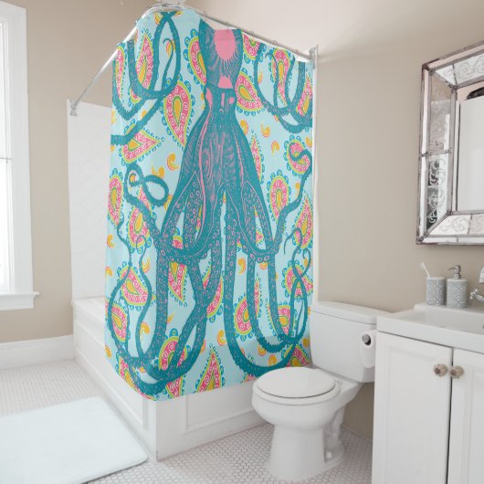 Rideaux De Douche Octopus antique sur Blue Paisley (En situation)