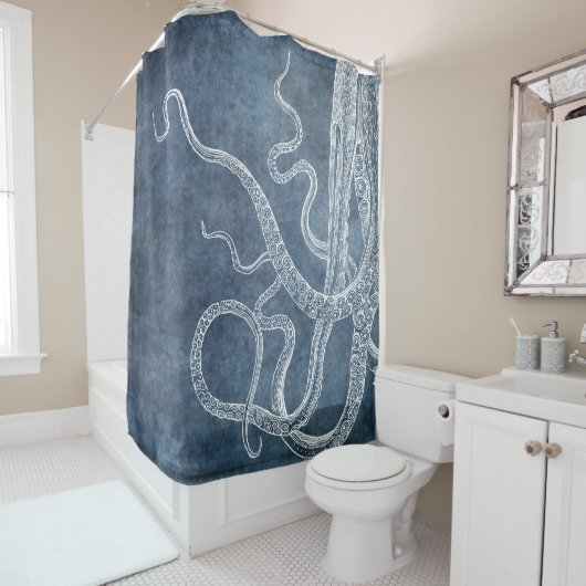Rideaux De Douche Octopus - Bleu Twilight - Aquarelle Denim (En situation)