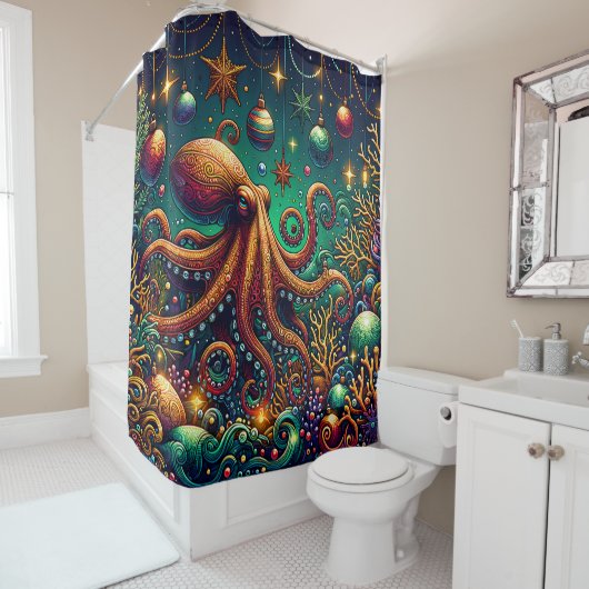 Rideaux De Douche "Octopus Christmas Décoration Wonderland" (En situation)