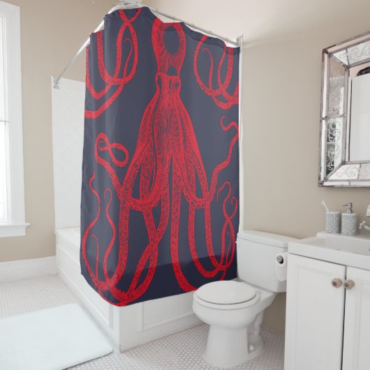 Rideaux De Douche Octopus rouge antique en bleu (En situation)