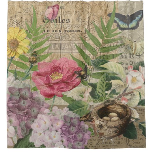 Rideaux De Douche Oiseau Nid Floral Jardin Fleur Papillon Art (Devant)