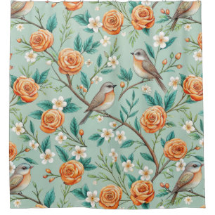 Rideaux De Douche Oiseaux chanteurs vibrants Fleurs oranges Feuilles