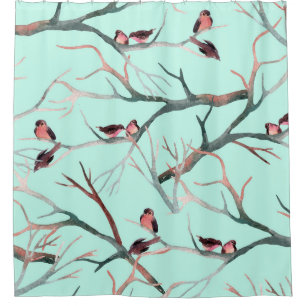 Rideaux De Douche Oiseaux d'hiver Branches de l'arbre Aquarelle