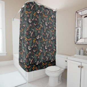 Rideaux De Douche Oiseaux du jardin foncé et papillons