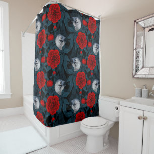 Rideaux De Douche Oiseaux et fleurs de pivoines rouges avec feuilles