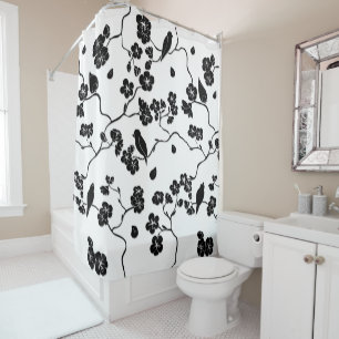 Rideaux De Douche Oiseaux Motifs noirs et blancs sur les fleurs de c