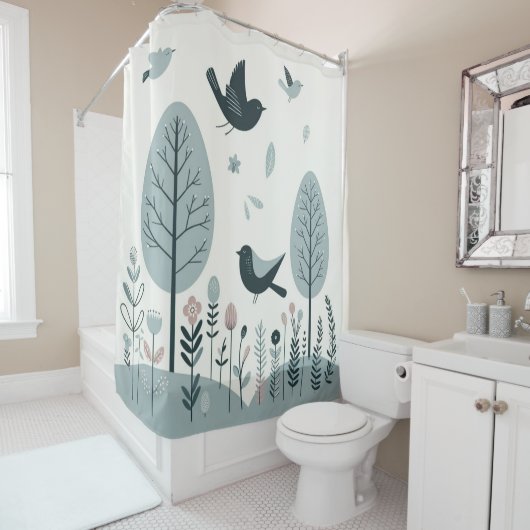 Rideaux De Douche Oiseaux nordiques et forêt (En situation)