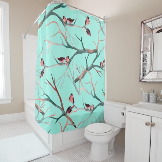 Rideaux De Douche Oiseaux sur les branches de l'arbre aquarelle pein (En situation)