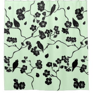 Rideaux De Douche Oiseaux sur les fleurs de cerisiers Noir sur le ve