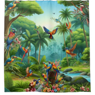 Rideaux De Douche Oiseaux tropicaux colorés parmi un Plante vif et l