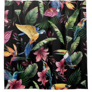 Rideaux De Douche Oiseaux tropicaux, fleurs : motif d'aquarelle.