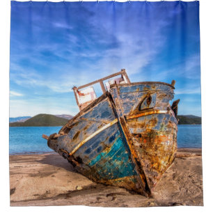 Rideaux De Douche Old Blue Boat by the Seashore