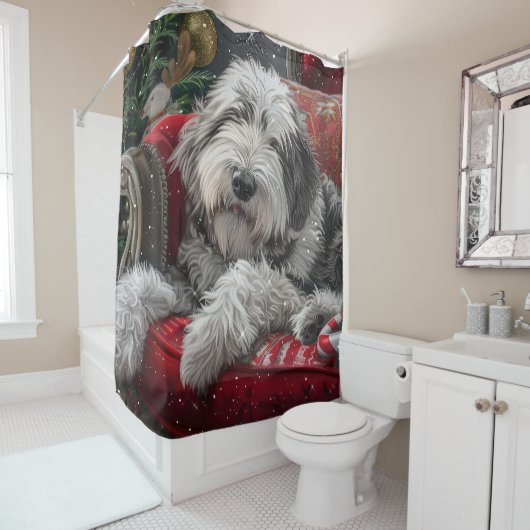 Rideaux De Douche Old English Sheepdog Festive de Noël (En situation)