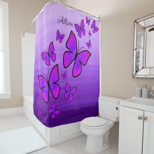 Rideaux De Douche Ombre de papillons violets peints sur mesure (En situation)