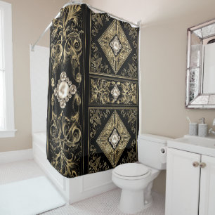Rideaux De Douche Opulence ornée Flouris à bijoux noir et or