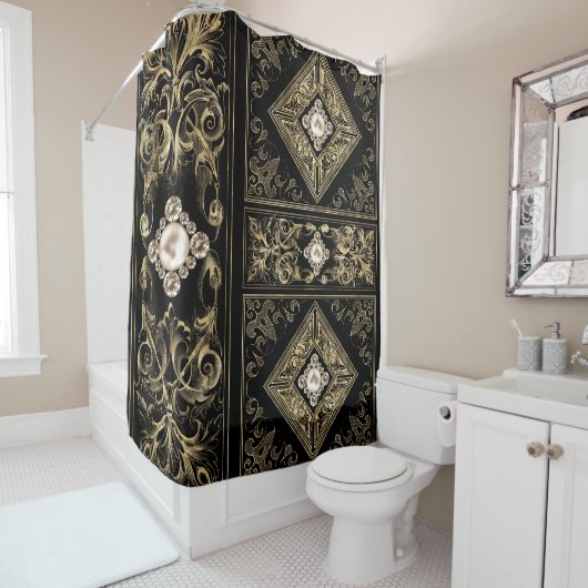 Rideaux De Douche Opulence ornée | Flouris à bijoux noir et or (En situation)