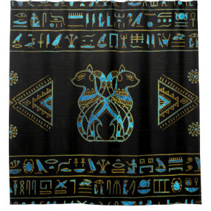 Rideaux De Douche Or de chats égyptiens et verre souillé de bleu