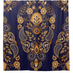 Rideaux De Douche Or et bleu, motif sans couture fleurie.