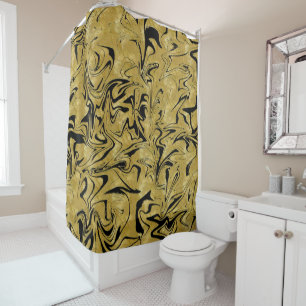 Rideaux De Douche Or Jaune & Noir Élégant Marbre Tourbillon Glamour