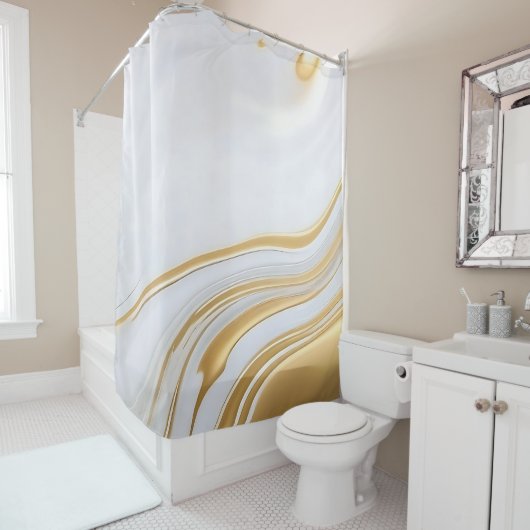 Rideaux De Douche Or liquide de luxe et marbre fluide blanc (En situation)