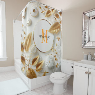 Rideaux De Douche Or Monogramme Moderne Script Luxe Blanc Doré Orang
