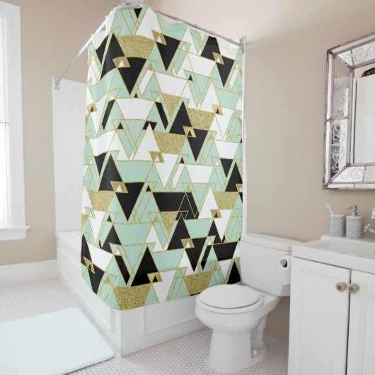 Rideaux De Douche Or Noir Blanc Boho Glam Motif Triangles Doré (En situation)