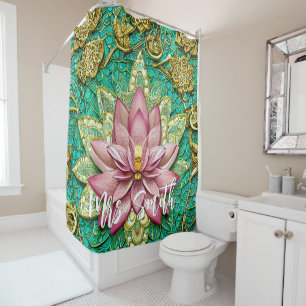 Rideaux De Douche Or Orné et Lotus rose avec nom personnalisé