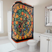 RIDEAUX DE DOUCHE ORANGE ARBRE AVEC FEUILLES VERTS, FLEURS (En situation)