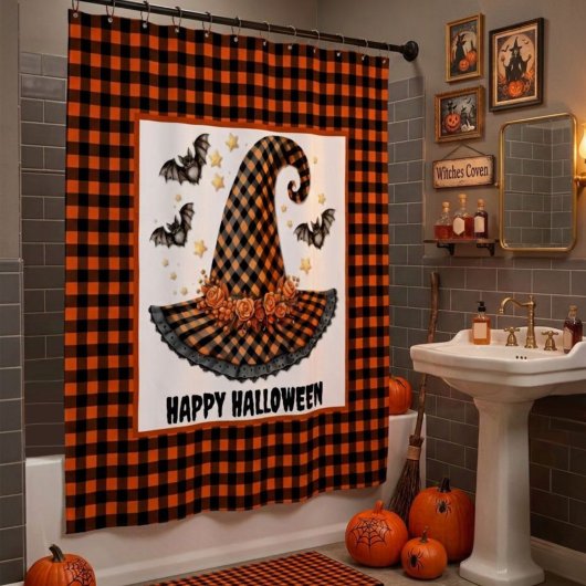 Rideaux De Douche Orange & Black Gingham Halloween Witch Hat & Bats