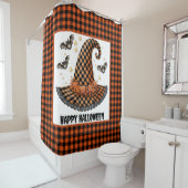 Rideaux De Douche Orange & Black Gingham Halloween Witch Hat & Bats (En situation)