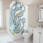 Rideaux De Douche Orange bleu octopus funky (En situation)