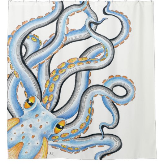 Rideaux De Douche Orange bleu octopus funky (Devant)