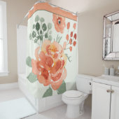 Rideaux De Douche Orange et vert aquarelle floral (En situation)