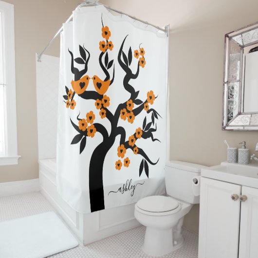 Rideaux De Douche Orange fleurs Inséparables sakura cerisier (En situation)