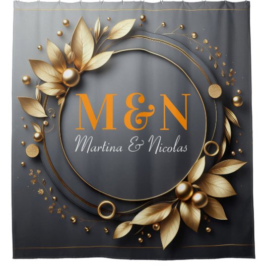 Rideaux De Douche Orange Monogramme Écriture Moderne Mariage Gris (Devant)