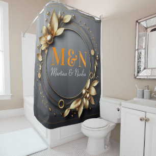 Rideaux De Douche Orange Monogramme Moderne Écriture Mariage Gris
