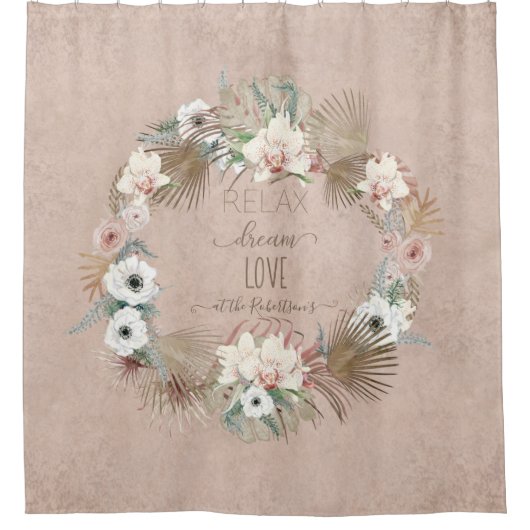 Rideaux De Douche Orchidée Boho Tropical Palm Leaf Wreath Blush Rose (Devant)