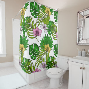 Rideaux De Douche Orchidées et feuilles de palmiers, rose, jaune, ve