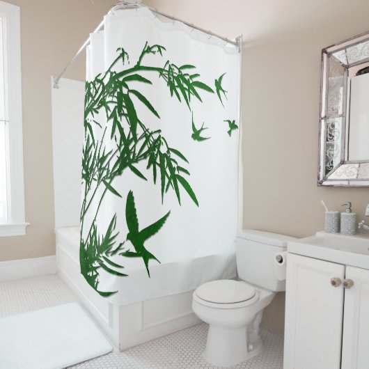Rideaux De Douche Orient Accent vert luxuriant Bambou et oiseaux avi (En situation)