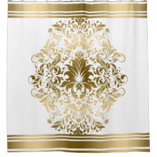 Rideaux De Douche Ornement de dentelle florale bordé de bandes d'or